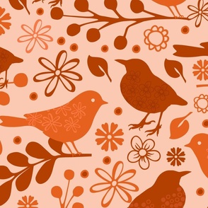 Bird And Flower Pattern Brown Peach