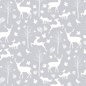 Minimalistic Seasonal Autumn Pattern With Deer And Trees In Grey Scale Smaller Scale