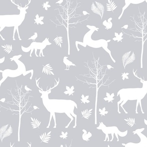 Minimalistic Seasonal Autumn Pattern With Deer And Trees In Grey Scales