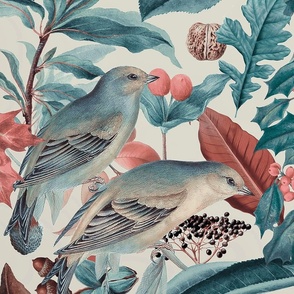 Vintage Autumn Bird Garden Botanical Illustration Pattern