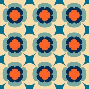 Geometric Flowers Seventies Groovy Mod in Blue Orange Cream