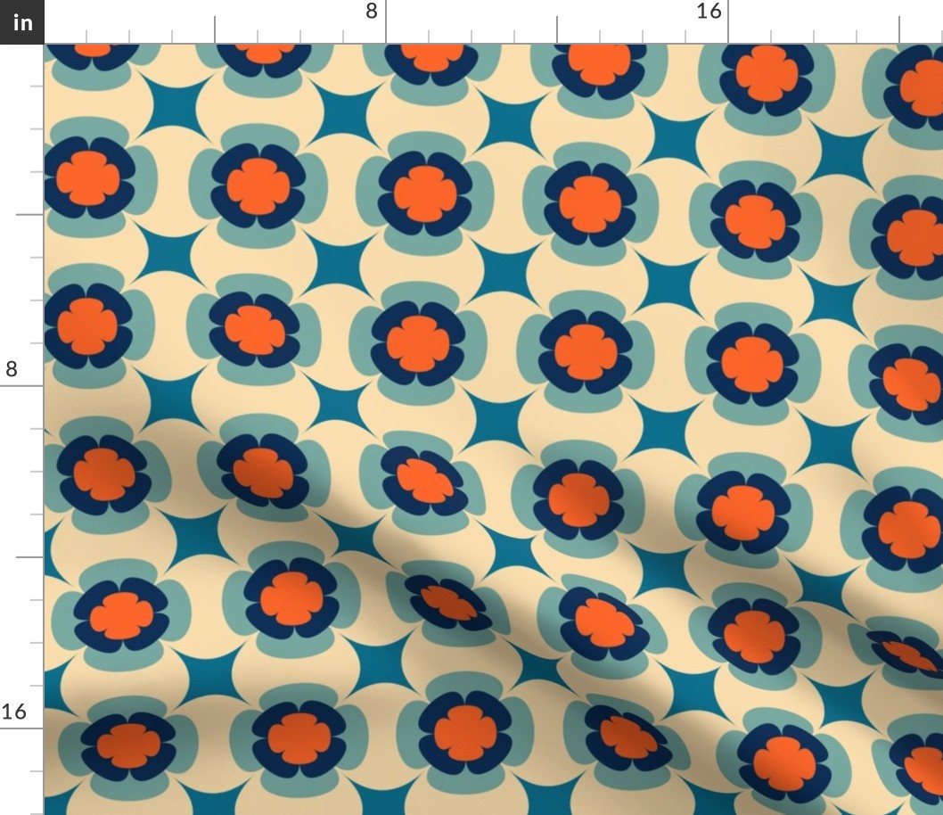 Geometric Flowers Seventies Groovy Mod in Blue Orange Cream