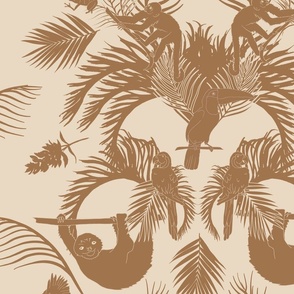 Beige Tropical Silhouettes with Toucan, Sloth, Macaws + Monkeys