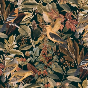 Vintage Autumn Bird Garden Botanical Illustration Pattern Brown