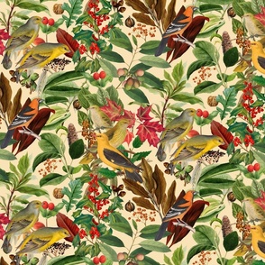 Vintage Autumn Bird Garden Botanical Illustration Pattern Smaller Scale