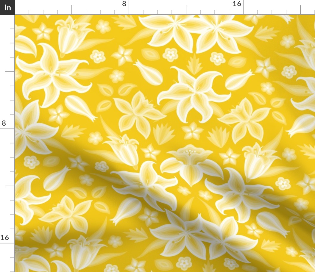 Embroidered Lilies XL wallpaper scale in sunshine yellow by Pippa Shaw