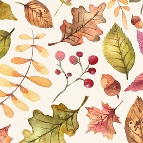 (large) Colorful watercolor autumn leaves on cream