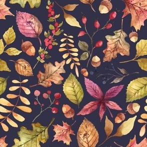(medium) Colorful watercolor autumn leaves on dark blue (8")