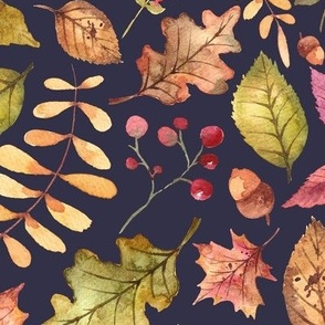 (large) Colorful watercolor autumn leaves on dark blue