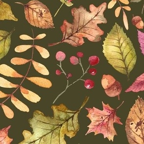 (large) Colorful watercolor autumn leaves on olive green