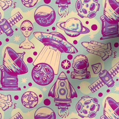Pop Art Space Adventures with Spacemen and UFOs / Pink Version / Small Scale