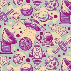 Pop Art Space Adventures with Spacemen and UFOs / Pink Version / Small Scale