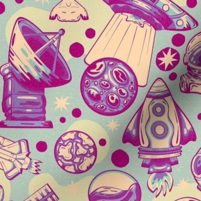 Pop Art Space Adventures with Spacemen and UFOs / Pink Version / Medium Scale