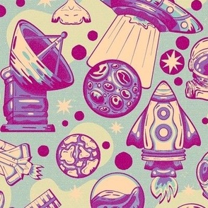 Pop Art Space Adventures with Spacemen and UFOs / Pink Version / Medium Scale