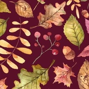 (large) Colorful watercolor autumn leaves on burgundy