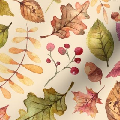 (large) Colorful watercolor autumn leaves on light yellow beige