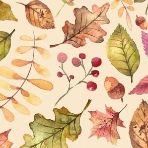 (large) Colorful watercolor autumn leaves on light yellow beige