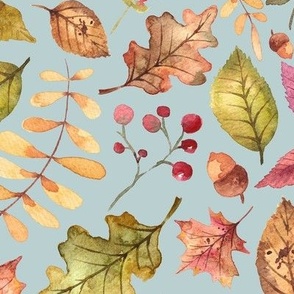 (large) Colorful watercolor autumn leaves on sky blue