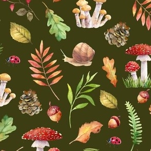 (large) Colorful watercolor autumn mushrooms and fall leaves on olive green 