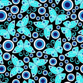 Blue butterflies, evil eye, hand drawn, black background.