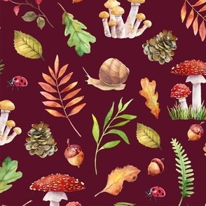 (large) Colorful watercolor autumn mushrooms and fall leaves on burgundy