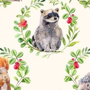 (large) Watercolor forest friends. cute woodland animals in wreath on beige, large  scale