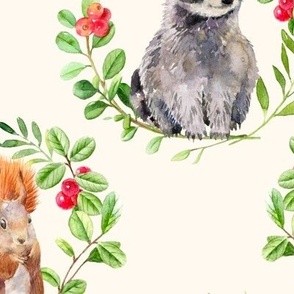 (XL) Watercolor forest friends. cute woodland animals in wreath on beige, XLARGEscale