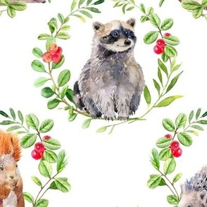 (large) Watercolor forest friends. cute woodland animals in wreath on white, large scale