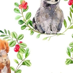 (XL) Watercolor forest friends. cute woodland animals in wreath on white, X LARGE scale