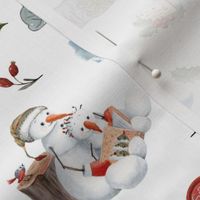 (medium) Watercolor snowman, skating snowmen in a winter woodland scene, writing a letter to santa on white, medium scale 