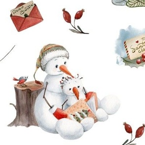 (large) Watercolor snowman, skating snowmen in a winter woodland scene, writing a letter to santa on white, large scale