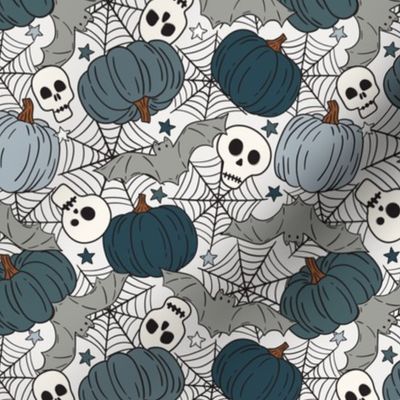 Halloween Pumpkins Skulls and Bats Blue  - medium scale