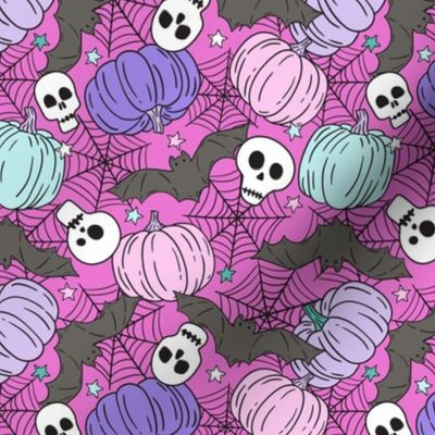 Halloween Pumpkins Skulls and Bats Bright - medium scale