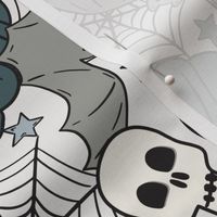 Halloween Pumpkins Skulls and Bats Blue - large scale