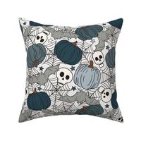 Halloween Pumpkins Skulls and Bats Blue - large scale