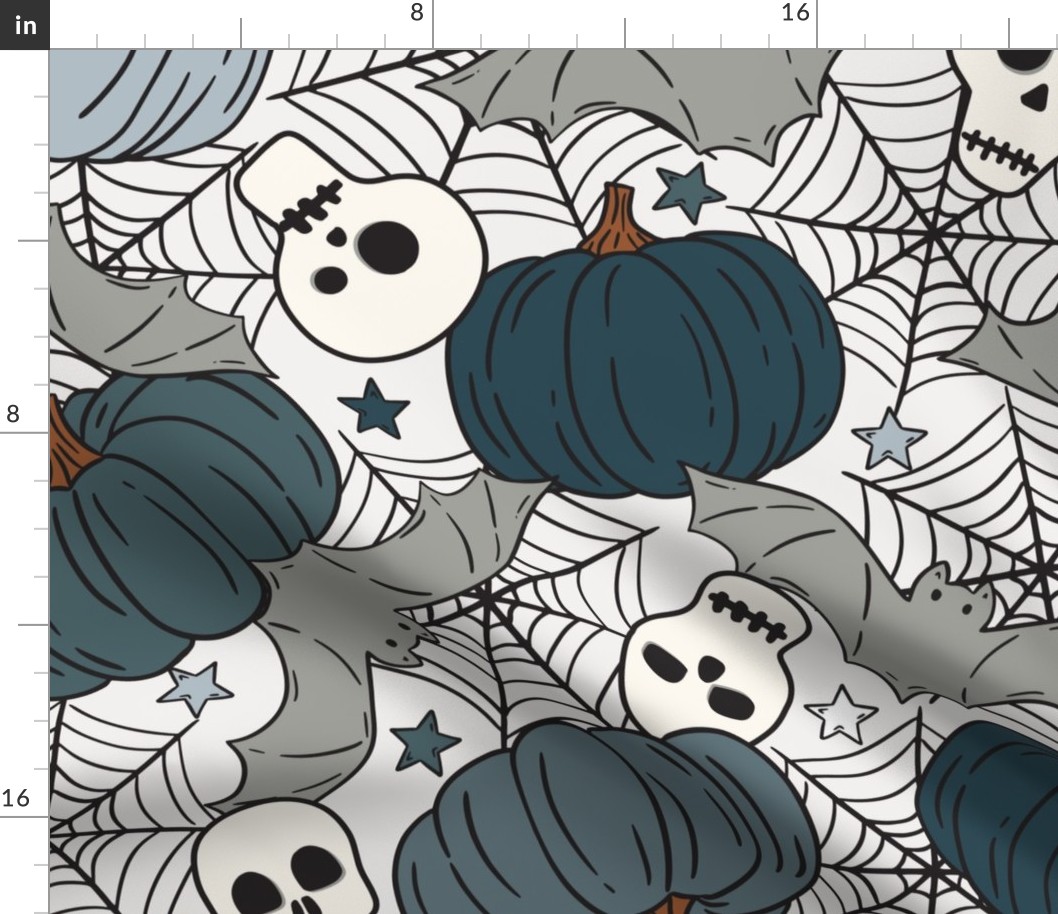 Halloween Pumpkins Skulls and Bats Blue - XL Scale