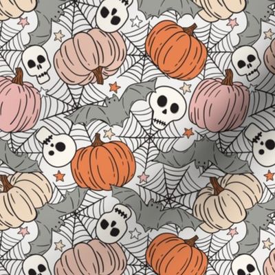 Halloween Pumpkins Skulls and Bats Pink Orange - Medium scale