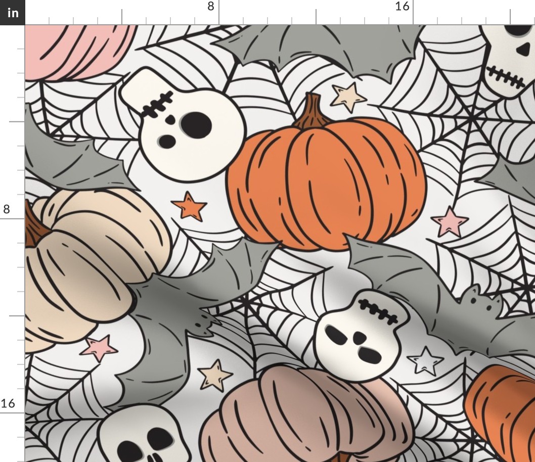 Halloween Pumpkins Skulls and Bats Pink Orange - XL Scale