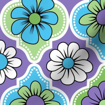 70s Retro Floral Quatrefoil // Blue, Purple, Lavender, Green, Black and White // V2 // 400 DPI
