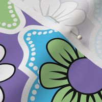 70s Retro Floral Quatrefoil // Blue, Purple, Lavender, Green, Black and White // V2 // 400 DPI