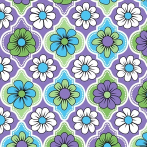 70s Retro Floral Quatrefoil // Blue, Purple, Lavender, Green, Black and White // V2 // 400 DPI