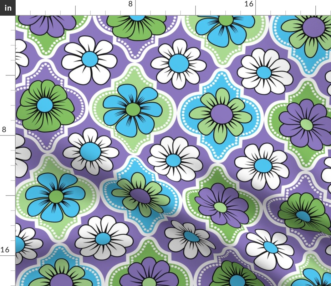 70s Retro Floral Quatrefoil // Blue, Purple, Lavender, Green, Black and White // V2 // 400 DPI