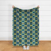 Large // Groovy Blossoms: Retro 1970s Checkered Flowers - Blue & Green