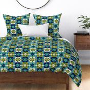 Large // Groovy Blossoms: Retro 1970s Checkered Flowers - Blue & Green
