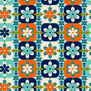 Large // Groovy Blossoms: Retro 1970s Checkered Flowers - Orange & Blue