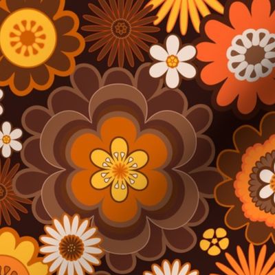 Vintage Retro 70s Floral pattern in Brown, Orange and Yellow