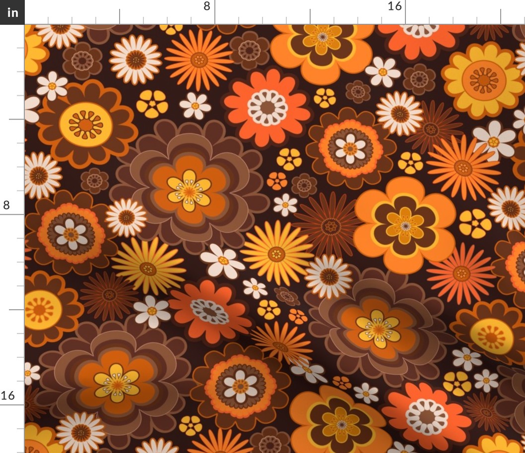 Vintage Retro 70s Floral pattern in Brown, Orange and Yellow