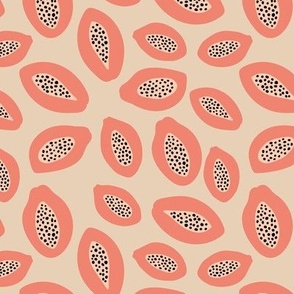 Lush papaya jungle and leaves fruit garden summer design pink coral on moody beige tan