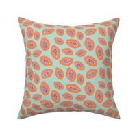 Lush papaya jungle and leaves fruit garden summer design pink coral on moody teal