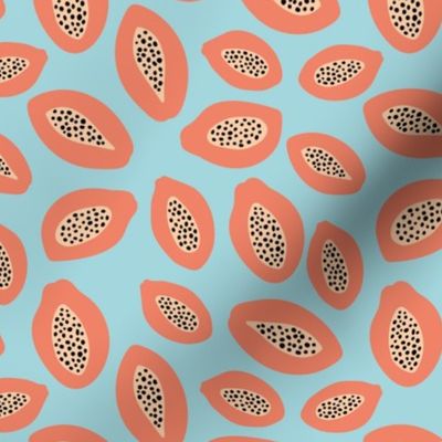 Lush papaya jungle and leaves fruit garden summer design blush pink coral on baby blue